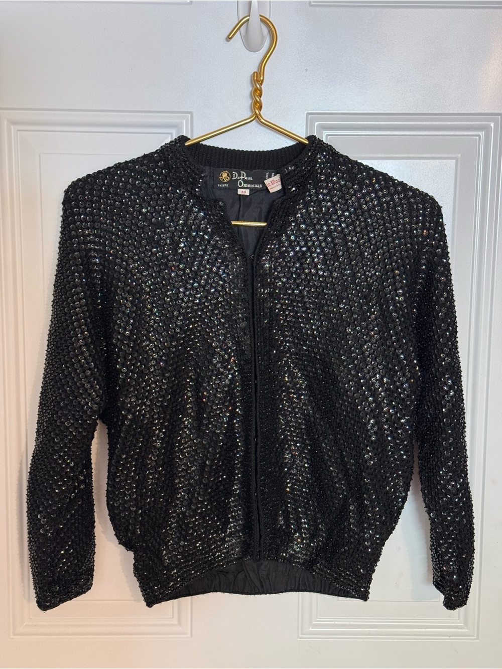 Vtg 1950s DePaul Originals Black Hand Sequined Wool Cardigan Sweater Sz 40 M/L
